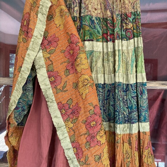 Crinkle Skirt, Long Multi-Color dominant shades Orange & Green. Anu size M, Line - Picture 3 of 6